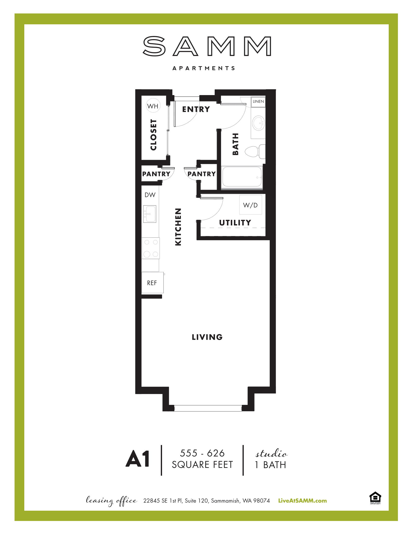 Floor plan for studio, 1 bath, 578 sqft